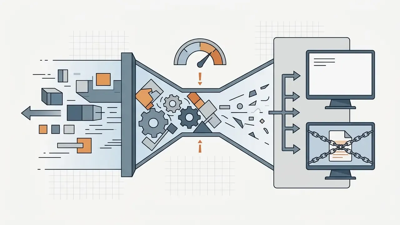 Digital assets flowing through a constricted gear mechanism into restricted computer monitors