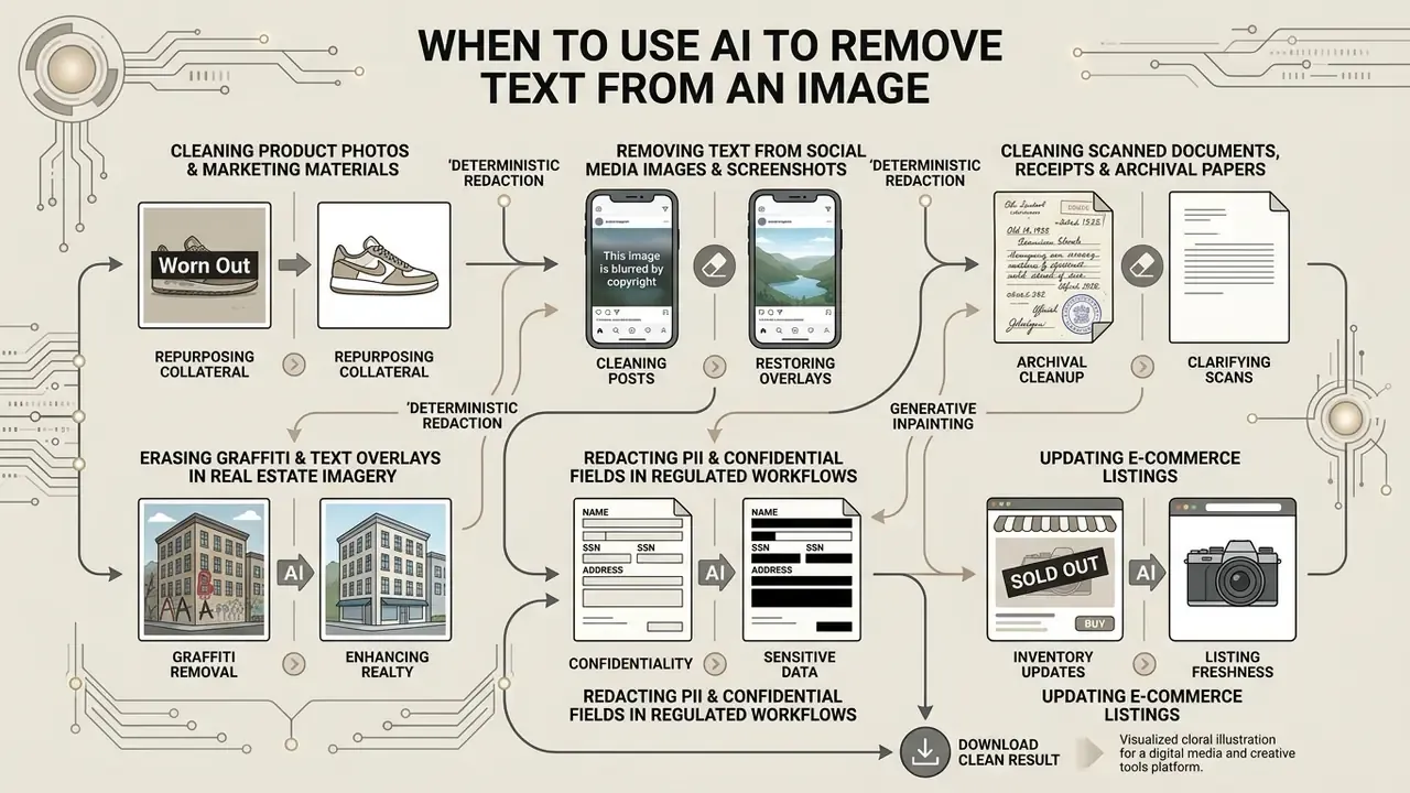 Infographic showing various use cases for AI to remove text from image files in professional workflows