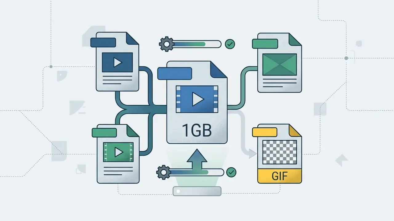 Various video and GIF file icons merging into a central document icon marked with a 1GB limit