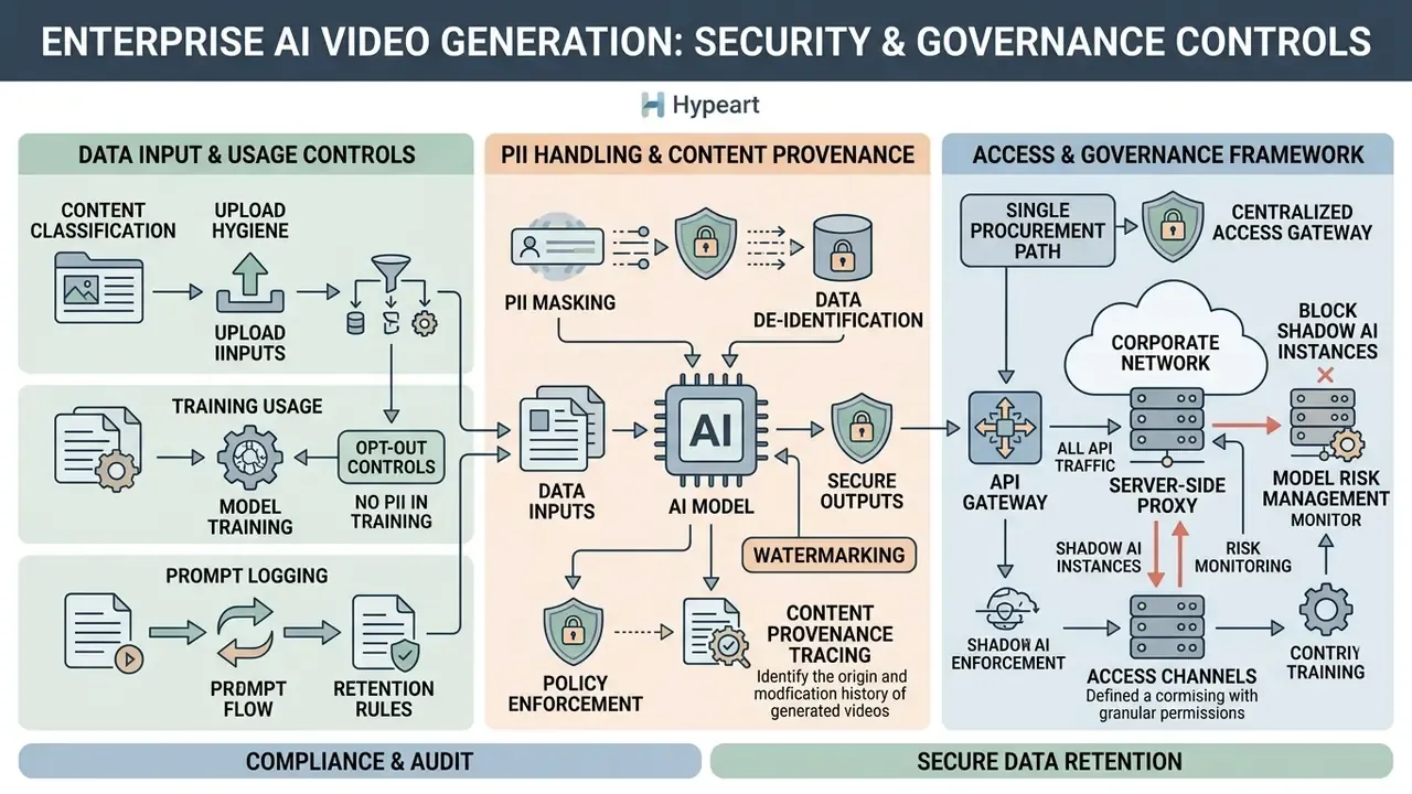 Flowchart illustrating enterprise security protocols for data input, PII handling, and API governance