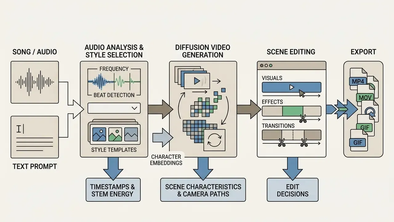 Flowchart depicting the stages of an AI music video generator from audio input to final file export