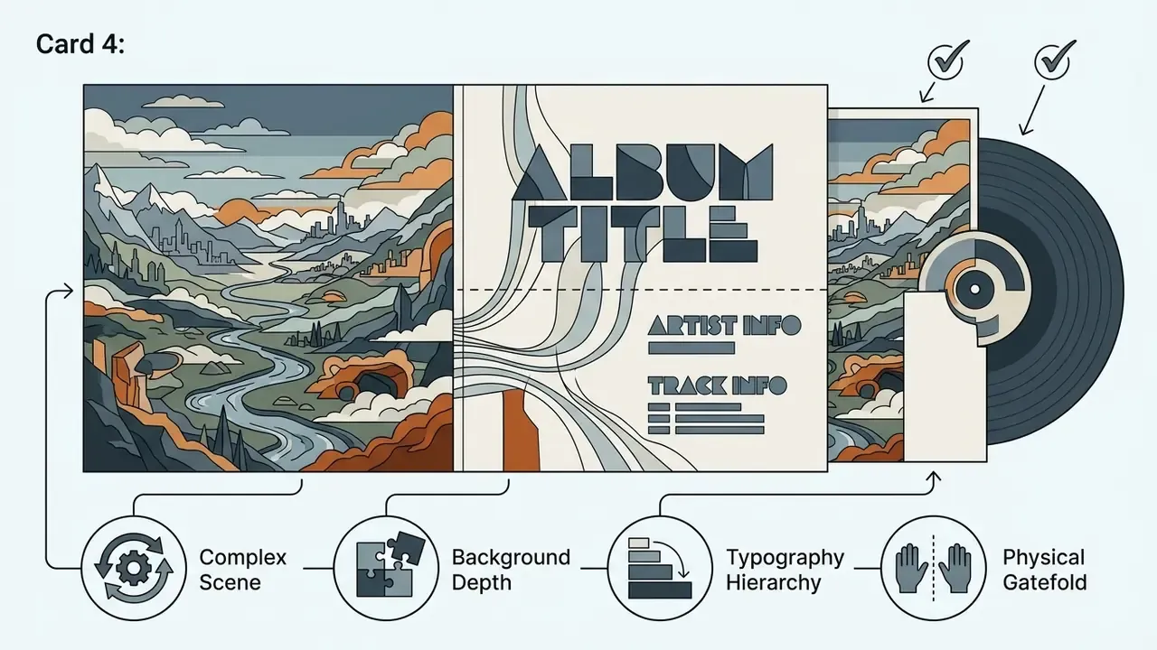 Detailed landscape scene on a gatefold album cover with typography hierarchy and vinyl record components