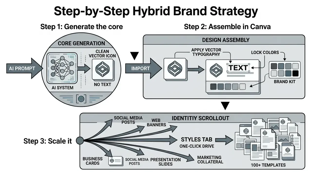 Three-step workflow diagram showing AI icon generation, design assembly in Canva, and template scaling