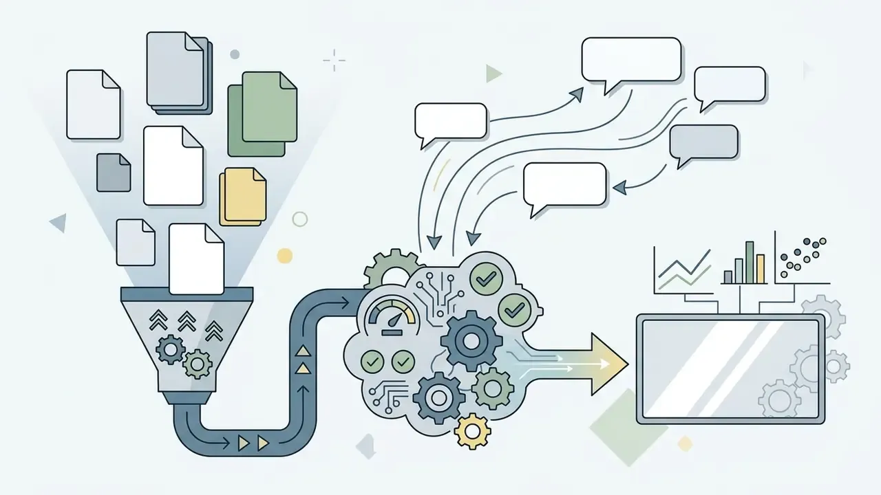 Files flowing through a funnel into a gear-driven processor that outputs charts to a digital screen