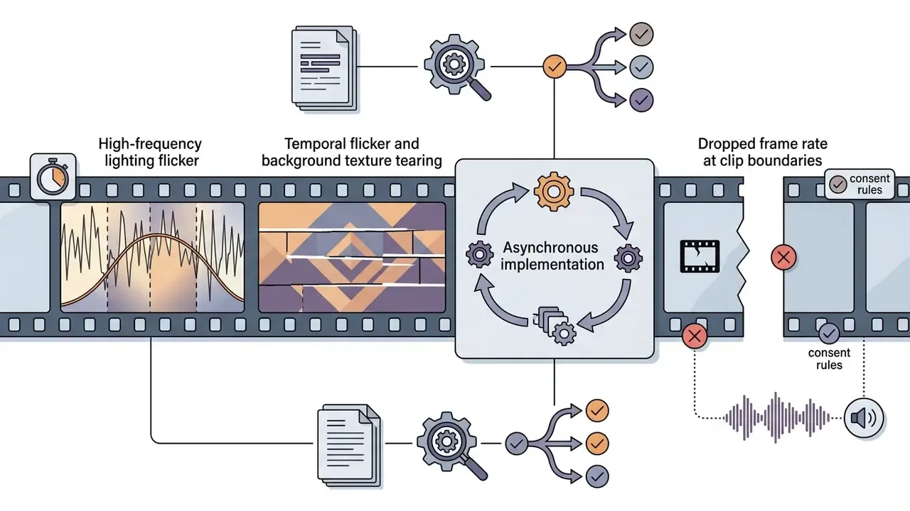 Film strip showing lighting flicker, texture tearing, and frame drops during OpenAI Sora video generation