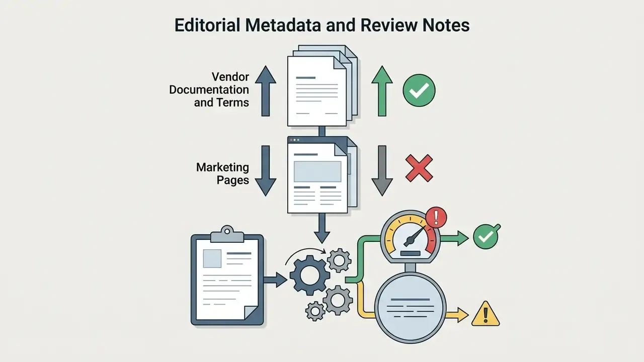 Workflow showing document processing with gears leading to a gauge, checkmarks, and warning icons