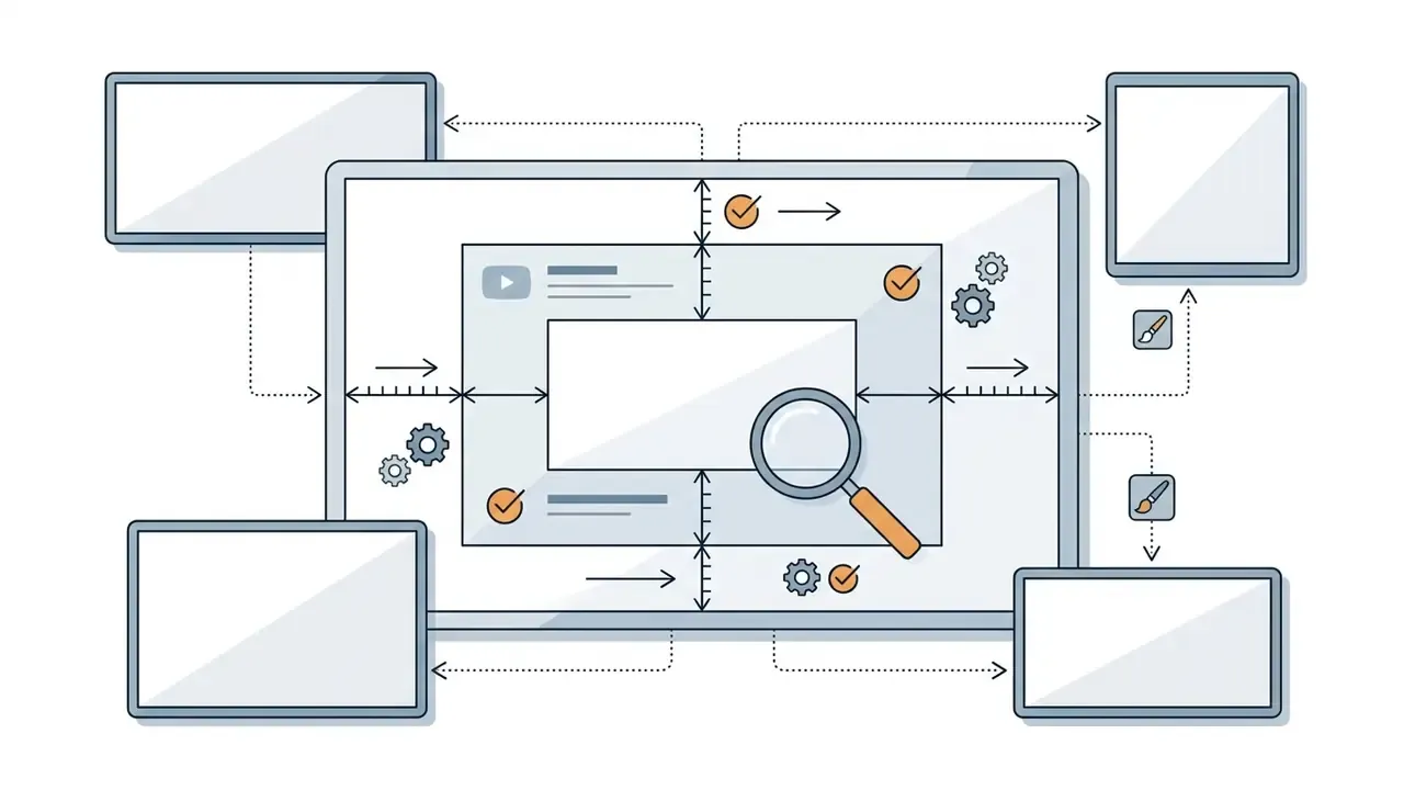 Nested rectangles showing screen size proportions with magnifying glass and checkmark icons