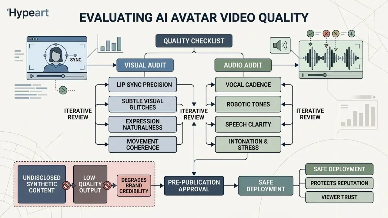 Flowchart detailing visual and audio audit criteria for reviewing synthetic video content before release