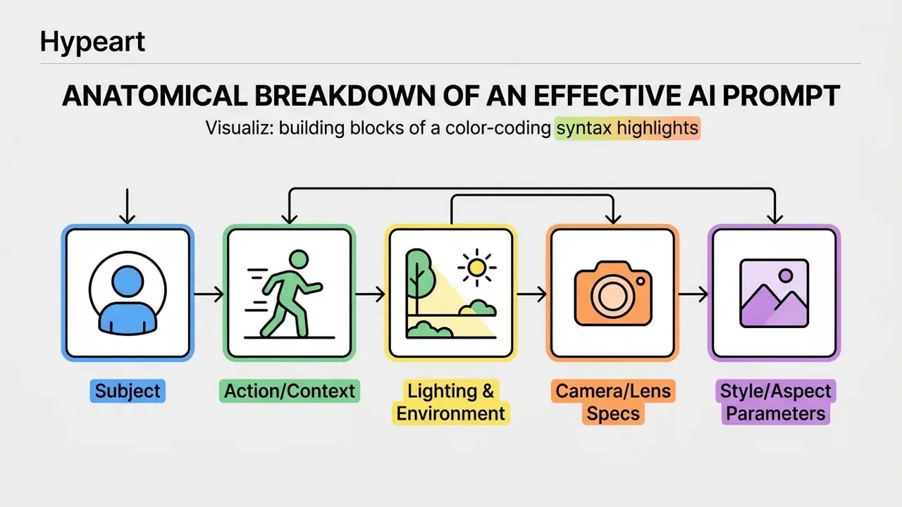 Visual breakdown of AI prompt building blocks including subject, action, lighting, camera, and style
