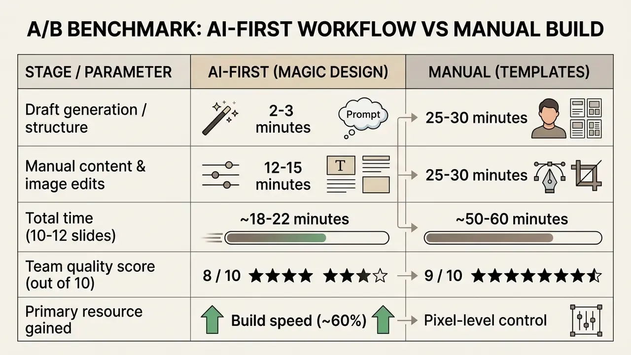 Comparison grid contrasting time and quality metrics between AI-assisted and manual presentation building