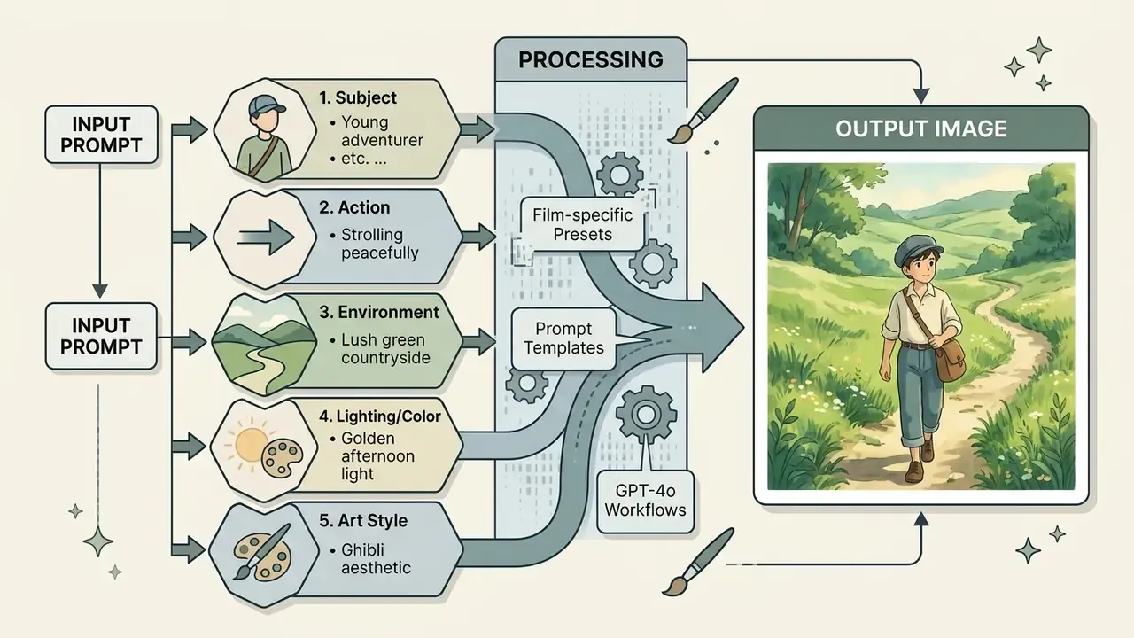 Diagram illustrating the five-block prompt structure for generating a Ghibli style AI image