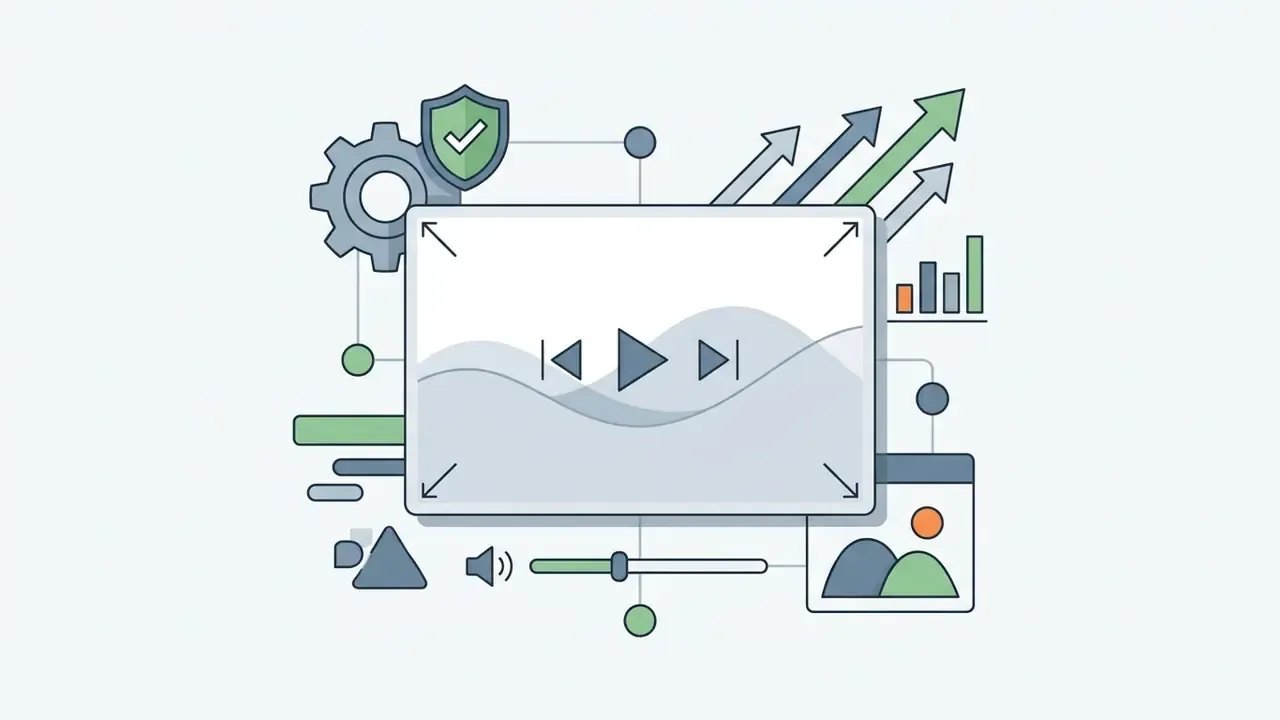Central video player frame surrounded by gear, shield, volume slider, and upward trending growth charts