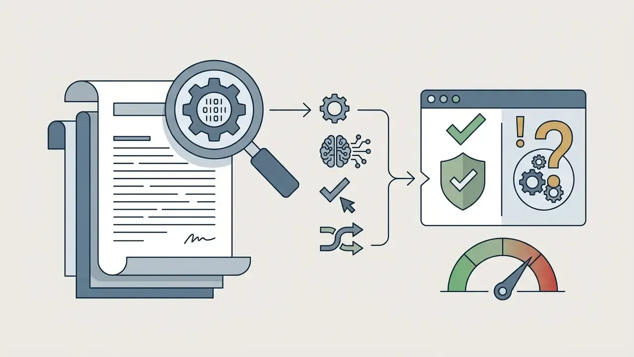 Magnifying glass examining a legal document with icons leading to a status window and risk meter