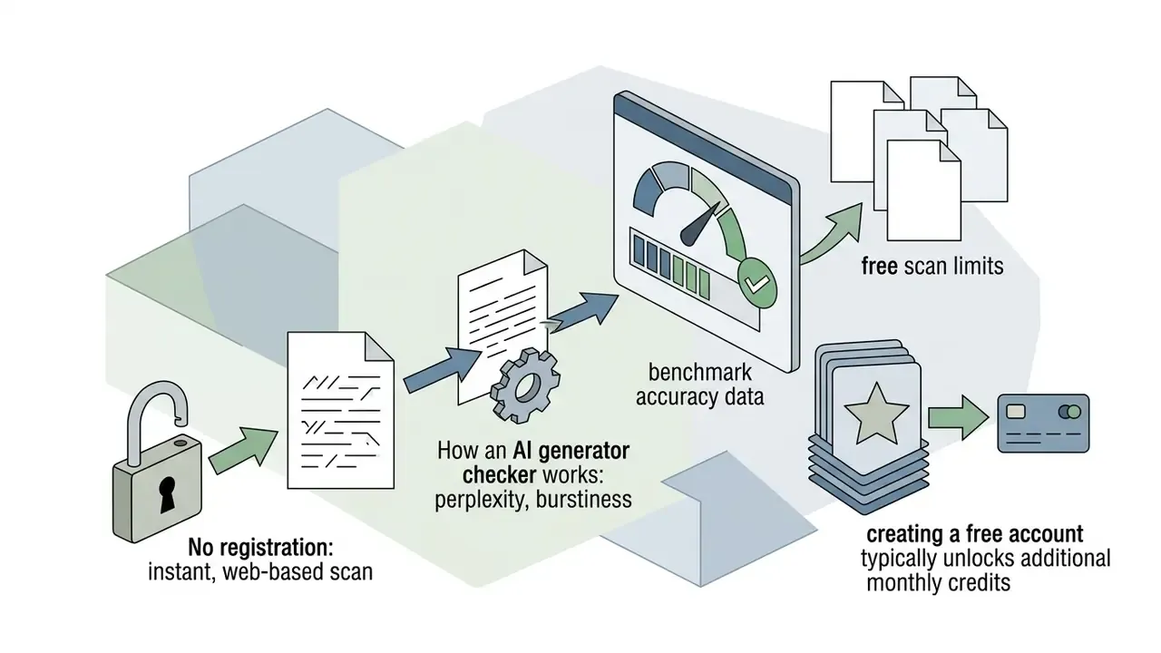 Open padlock and documents moving through an analysis process toward scan limits and account credit icons