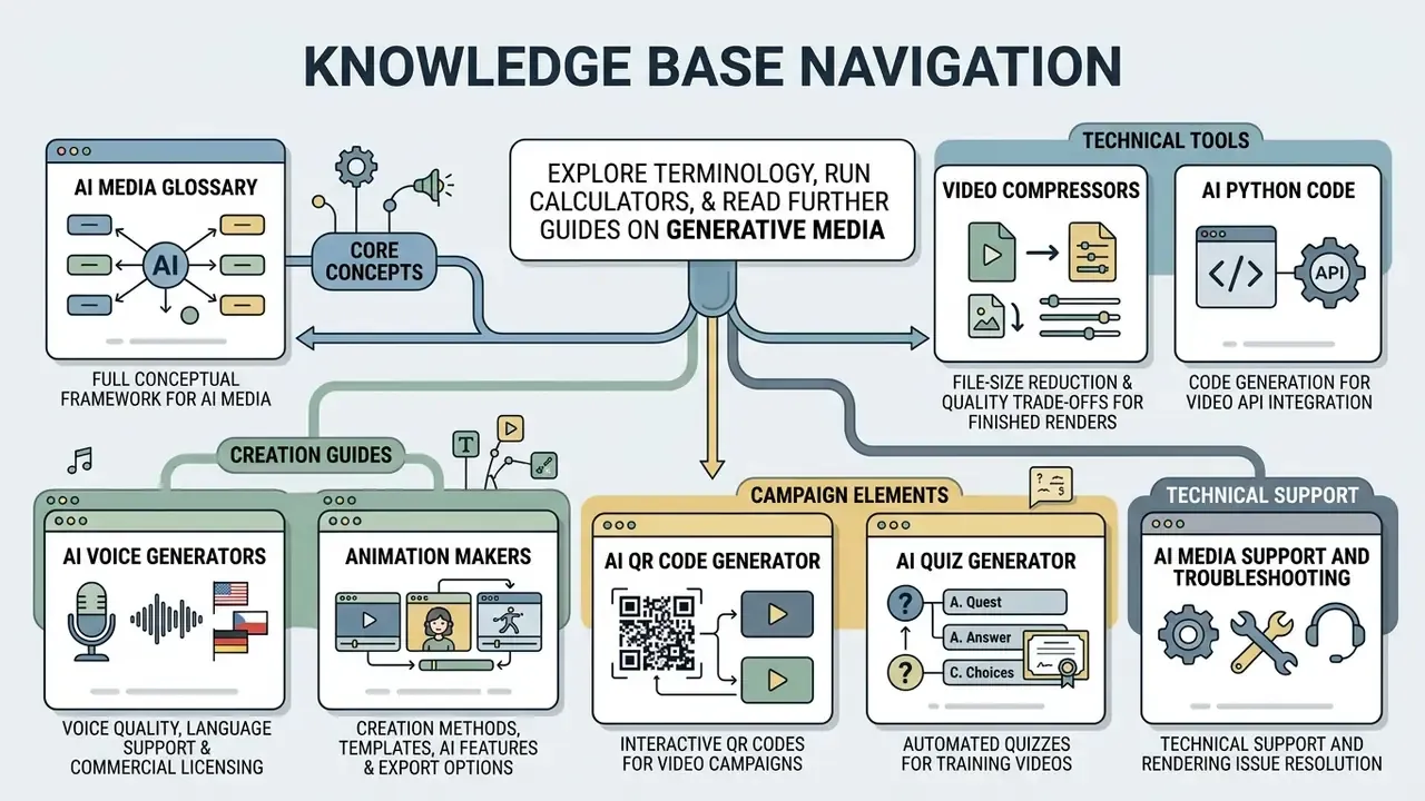 Map of resources for generative media including glossaries, creation guides, and technical support tools