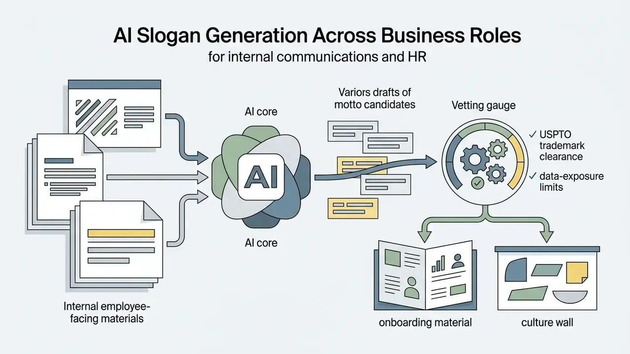 Internal documents flowing into an AI core to produce vetted motto candidates for HR materials