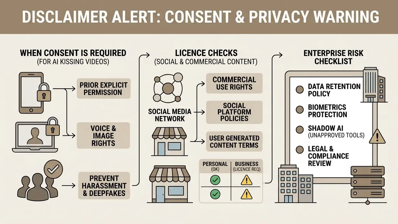 Flowchart outlining consent requirements, license checks, and an enterprise risk checklist for synthetic media