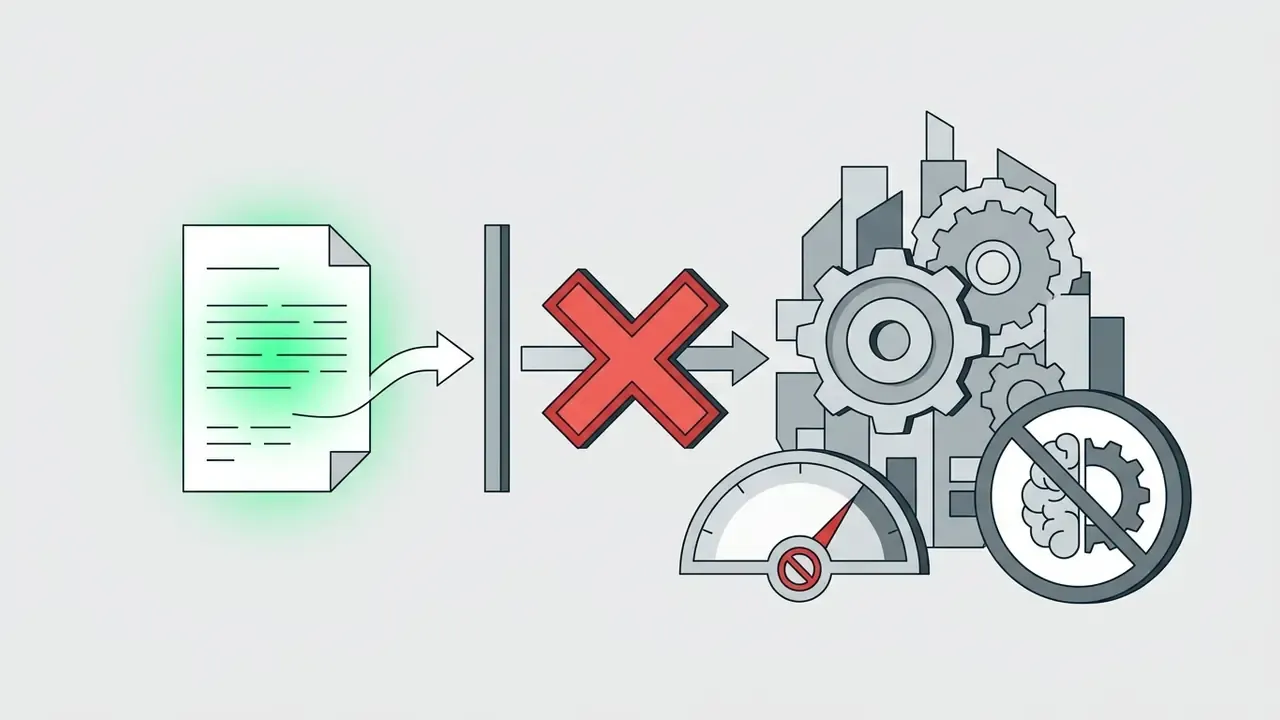 Document icon blocked by a red X from feeding into a complex gear mechanism with a brain prohibition sign