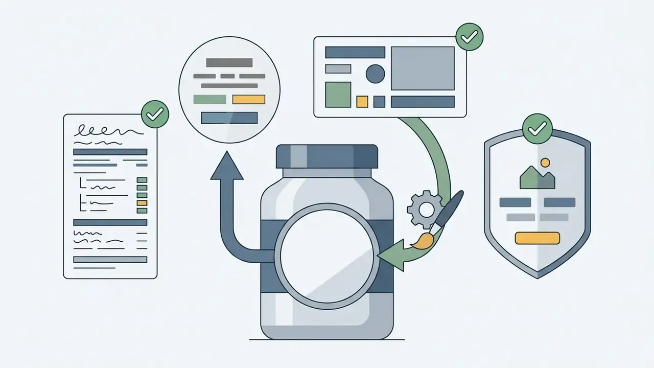 Product jar connected to icons representing text extraction and design updates for label editing