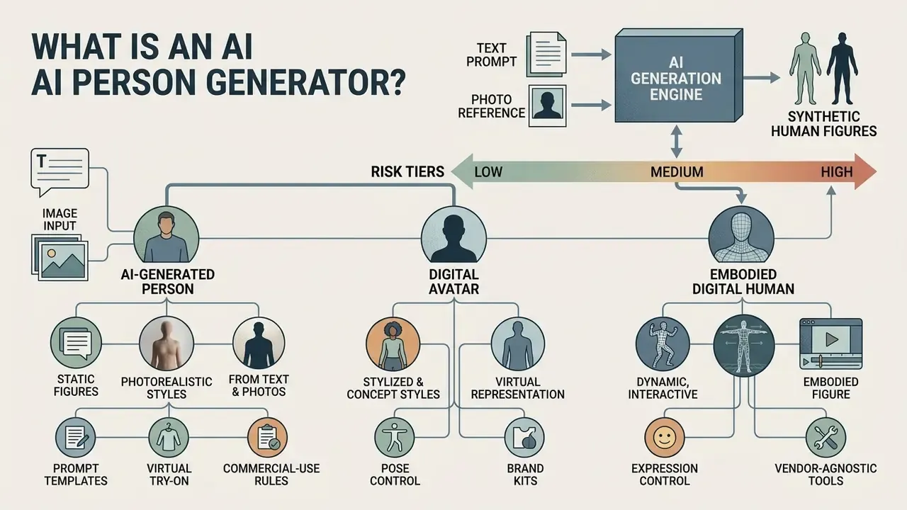 Infographic showing how an AI person generator creates synthetic humans categorized by risk tiers