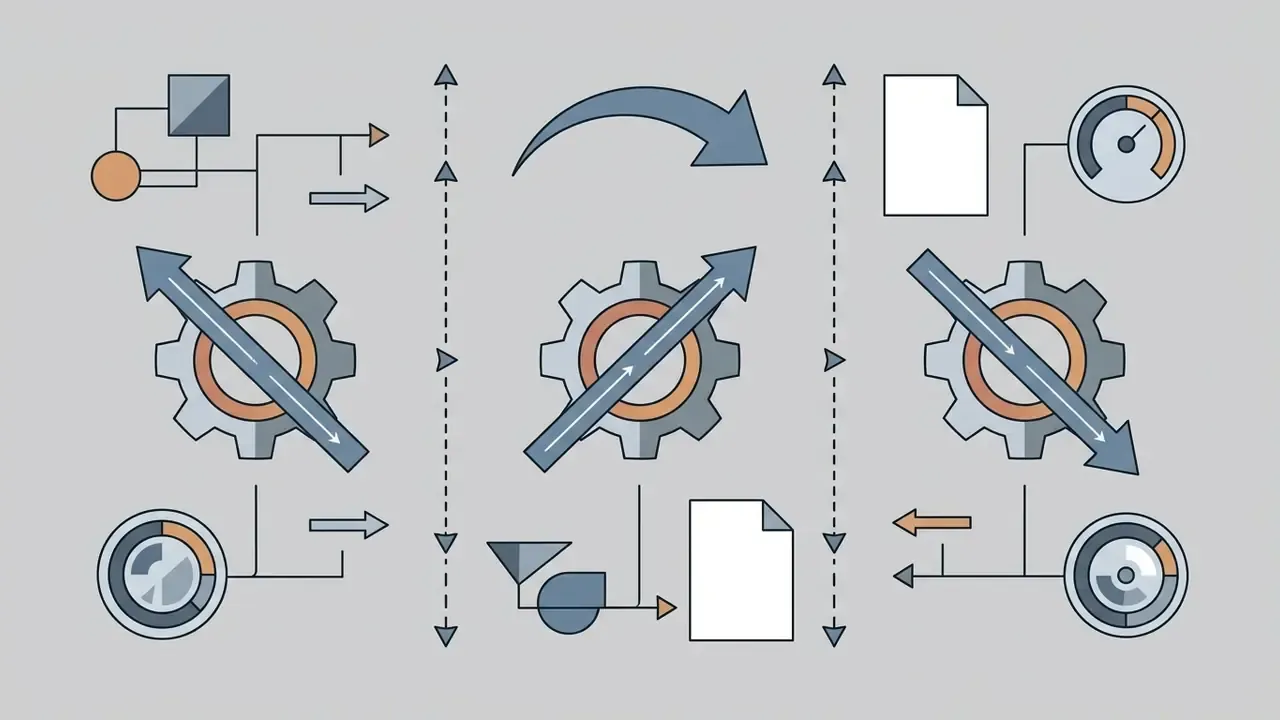 Set of icons featuring gears, directional arrows, and document symbols arranged in a technical process layout