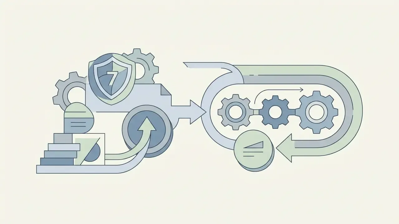 Shield with a number seven and stacked coins moving through a gear system to represent a trial subscription