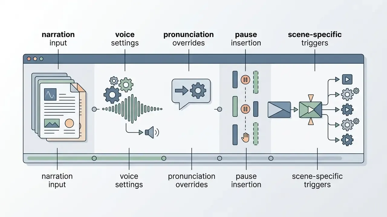 Interface panel showing narration input, voice settings, pronunciation overrides, pauses, and triggers