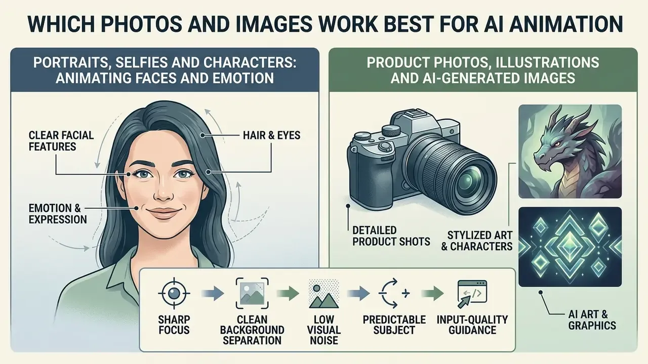 Summary infographic displaying ideal image types and technical requirements for successful motion synthesis