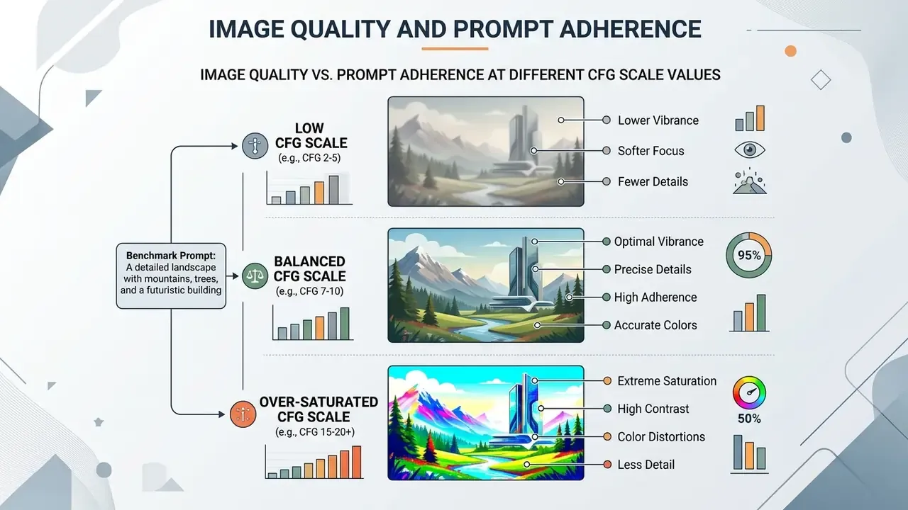 Flowchart comparing how different CFG scale values affect AI art generation quality and prompt adherence