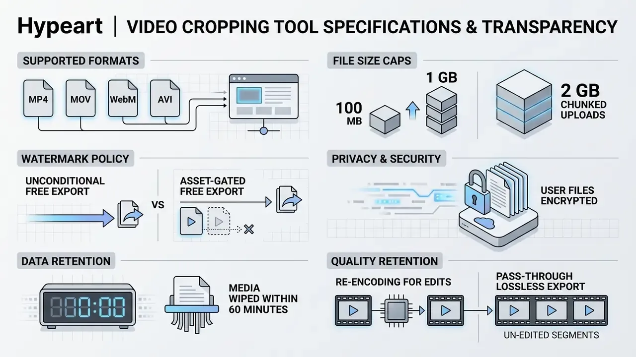 Technical specifications chart detailing file formats, storage limits, security, and data retention policies