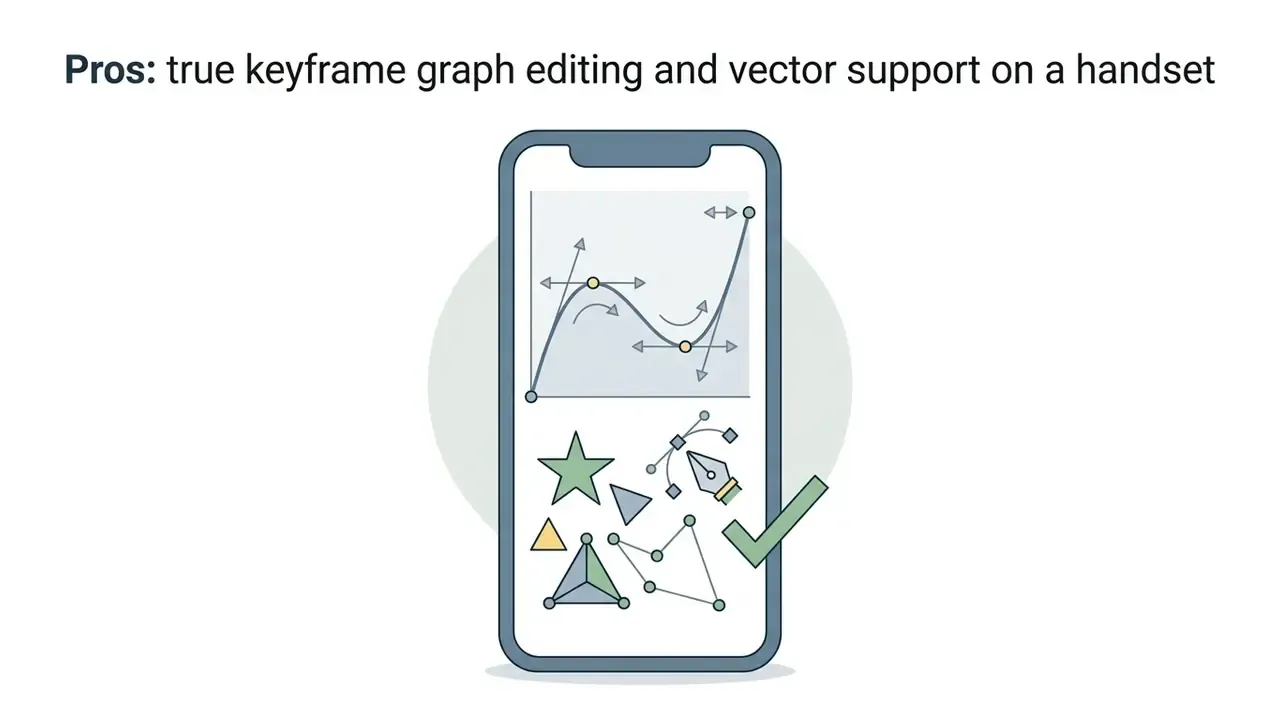 Smartphone screen displaying a keyframe motion graph and various vector shapes with a checkmark
