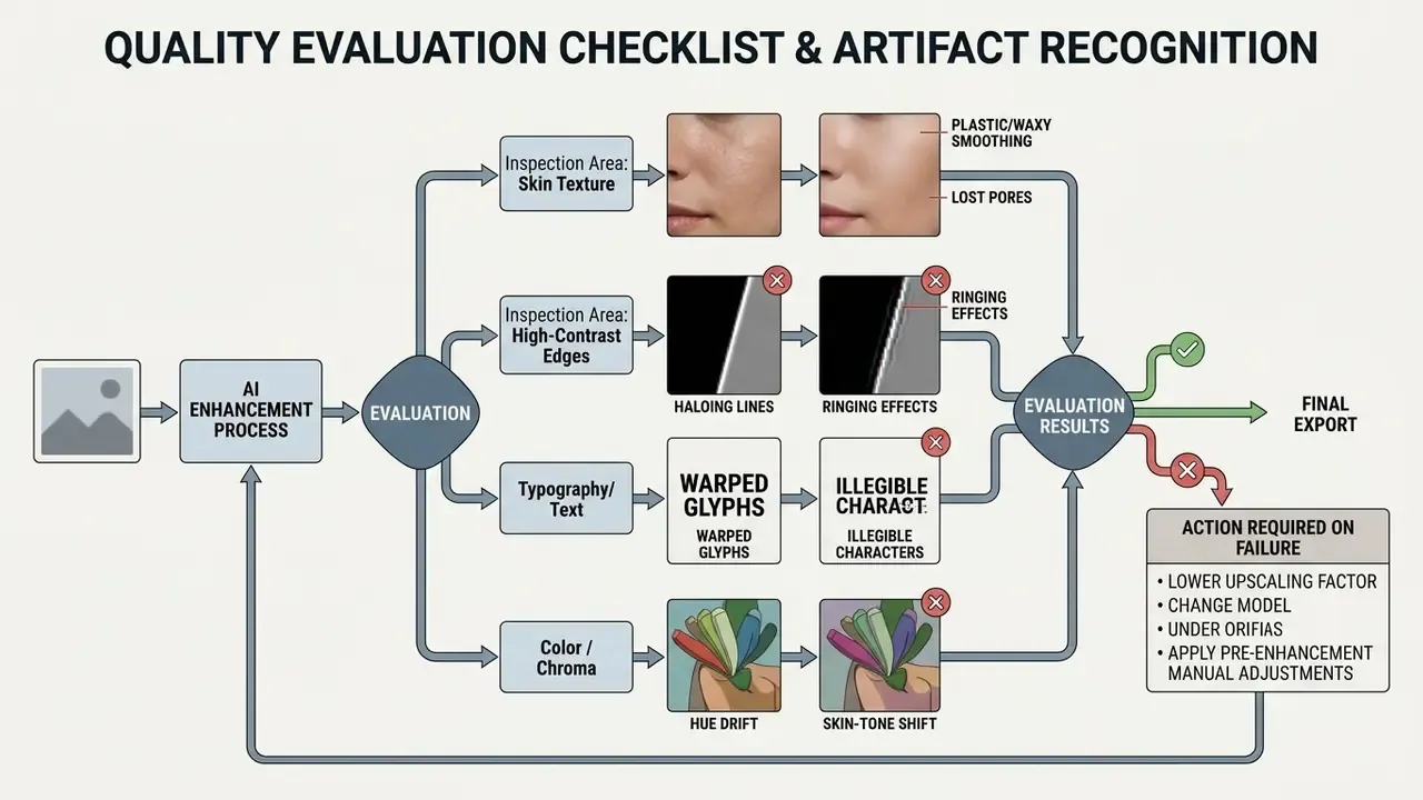 Step by step guide for identifying image artifacts like skin smoothing, edge ringing, and color shifts