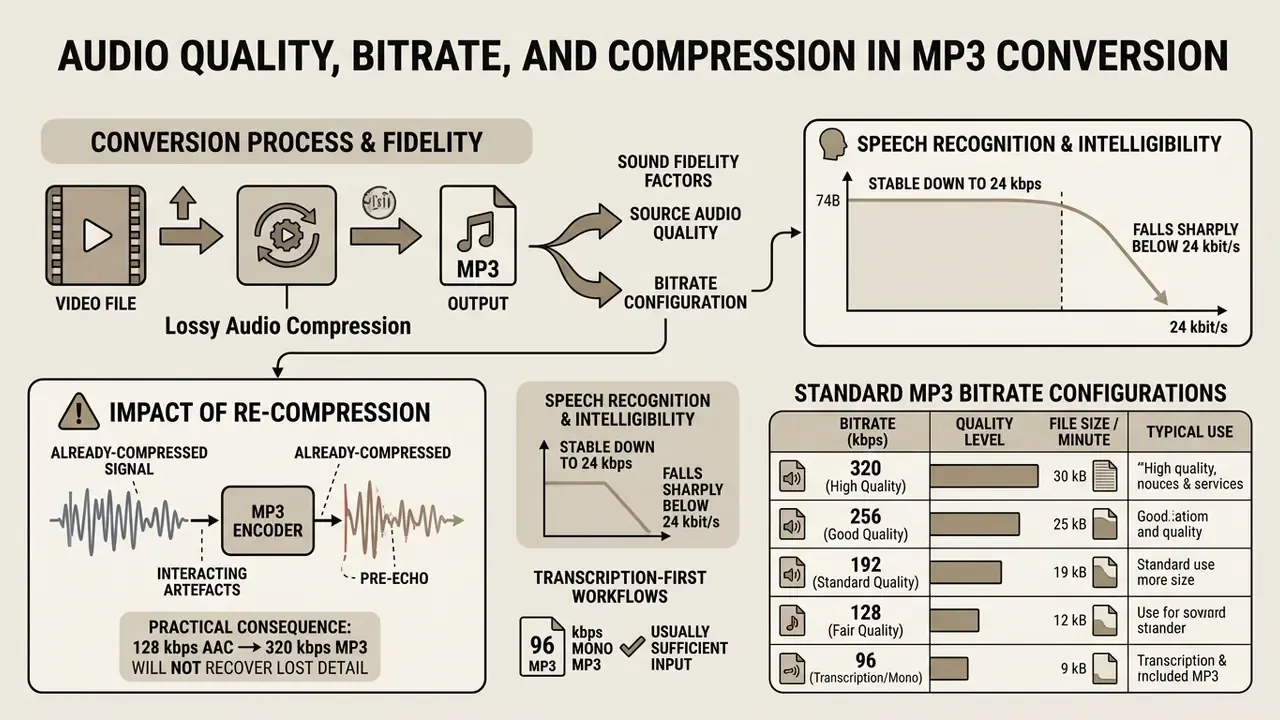 Infographic explaining lossy audio compression, bitrate impacts, and speech intelligibility thresholds