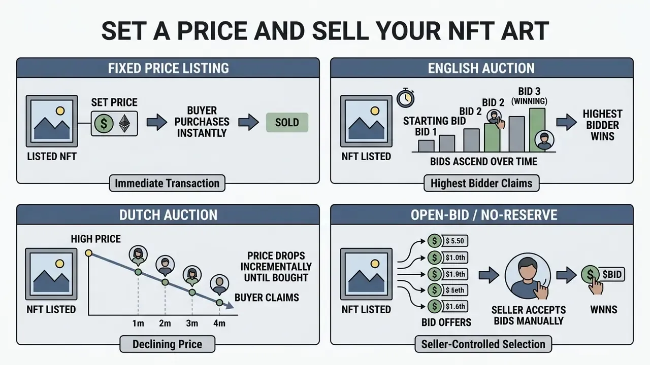 Diagram comparing four NFT sales methods including fixed price, English auction, Dutch auction, and open bid