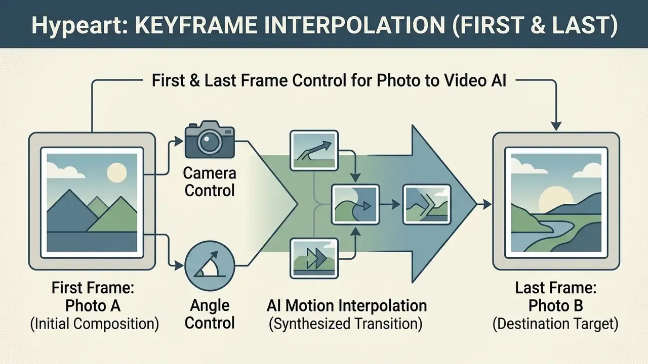 Diagram showing how camera and angle controls influence the synthesized transition between two images