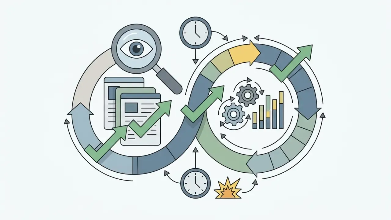 Magnifying glass over documents in an infinity loop with clocks and gears indicating periodic review