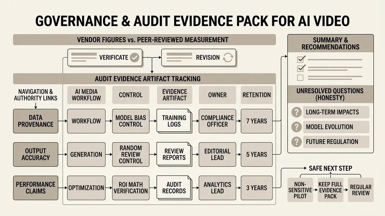Table mapping AI media workflow controls to evidence artifacts, owners, and retention periods