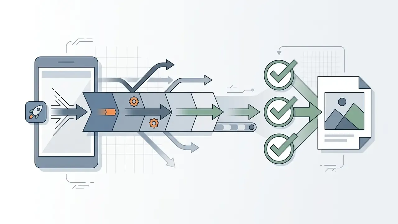 Process flow showing a mobile app launching a streamlined path to place a photo into a collage