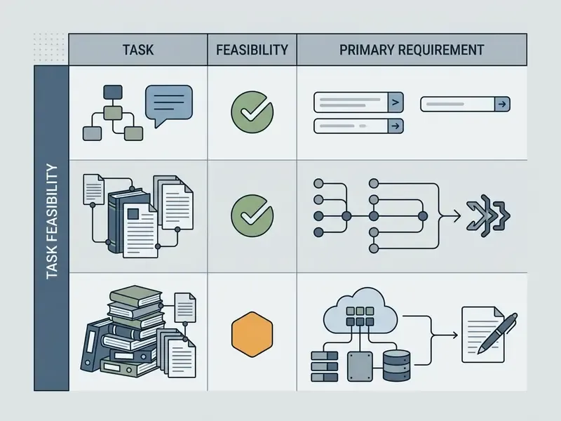 Matrix comparing writing tasks, feasibility levels, and technical requirements for narrative generation