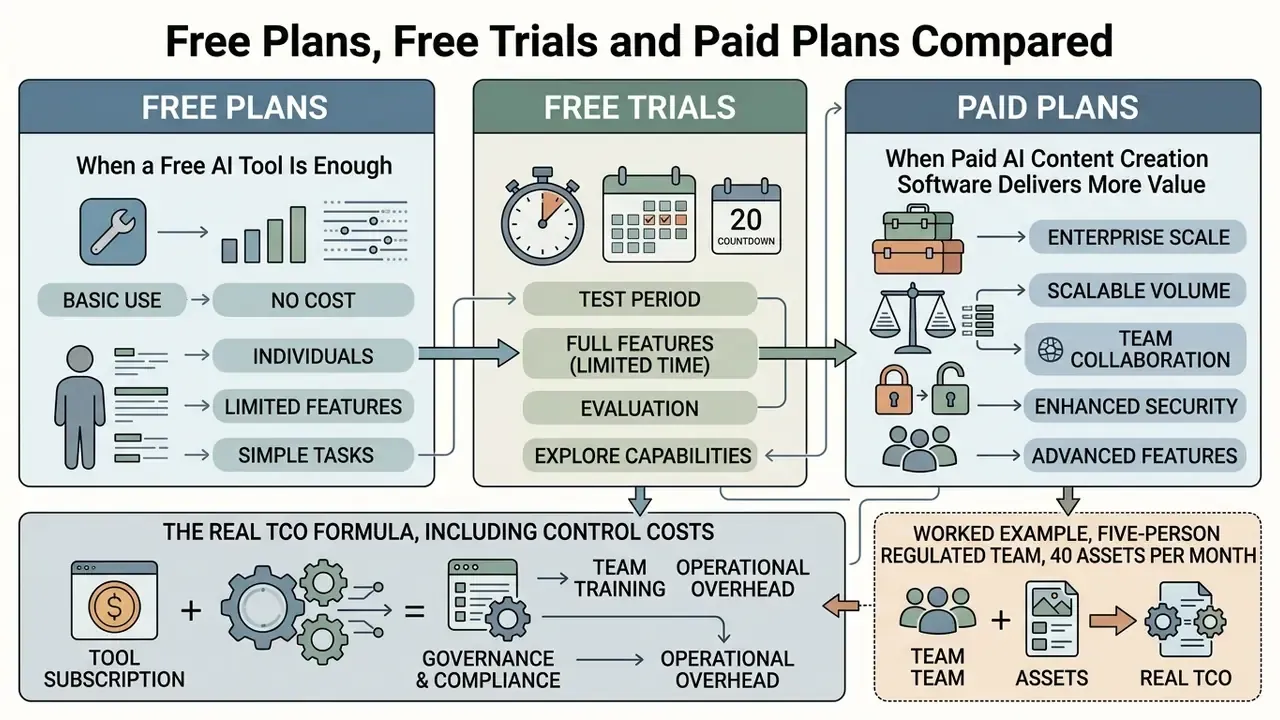 Comparison of free AI tool plans, time-limited trials, and paid enterprise software subscription models