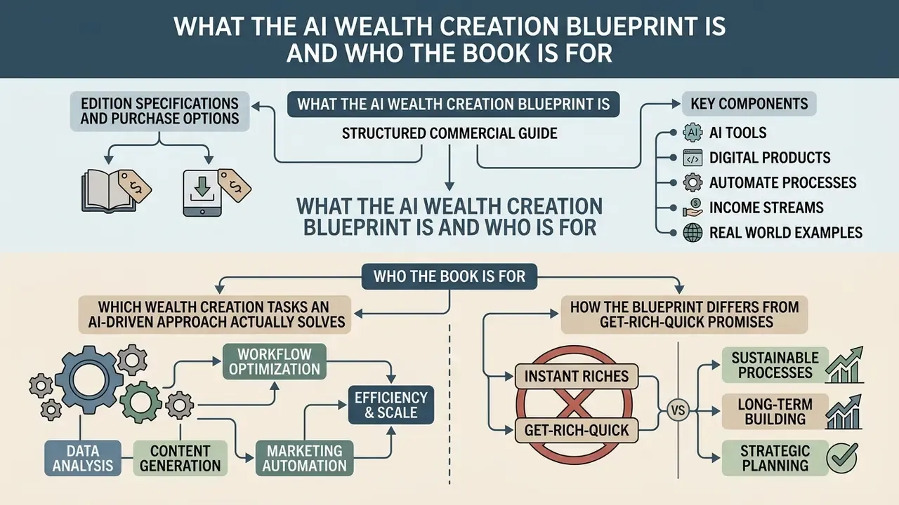 Infographic outlining the components of the AI Wealth Creation Blueprint and its target audience