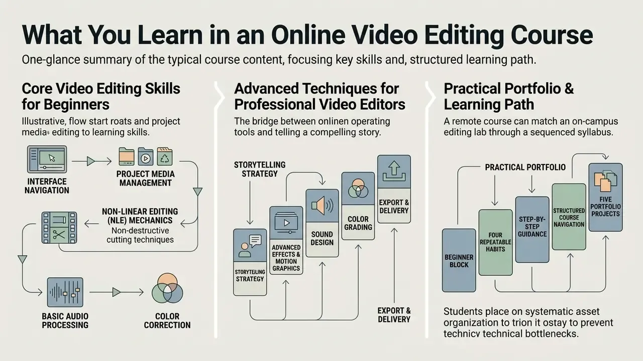 Infographic showing a structured learning path for video editing skills from beginner to professional