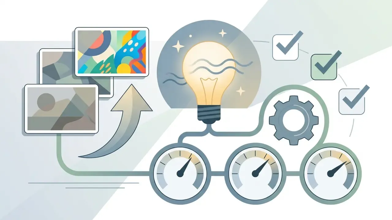 Dull images transforming into vibrant ones through a lightbulb and gauge adjustment process