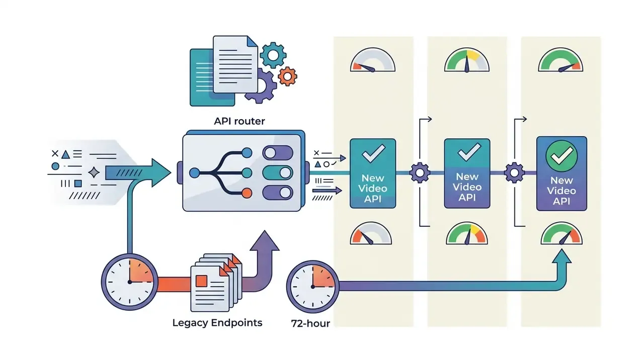 API router directing traffic to new endpoints with a 72-hour legacy rollback window