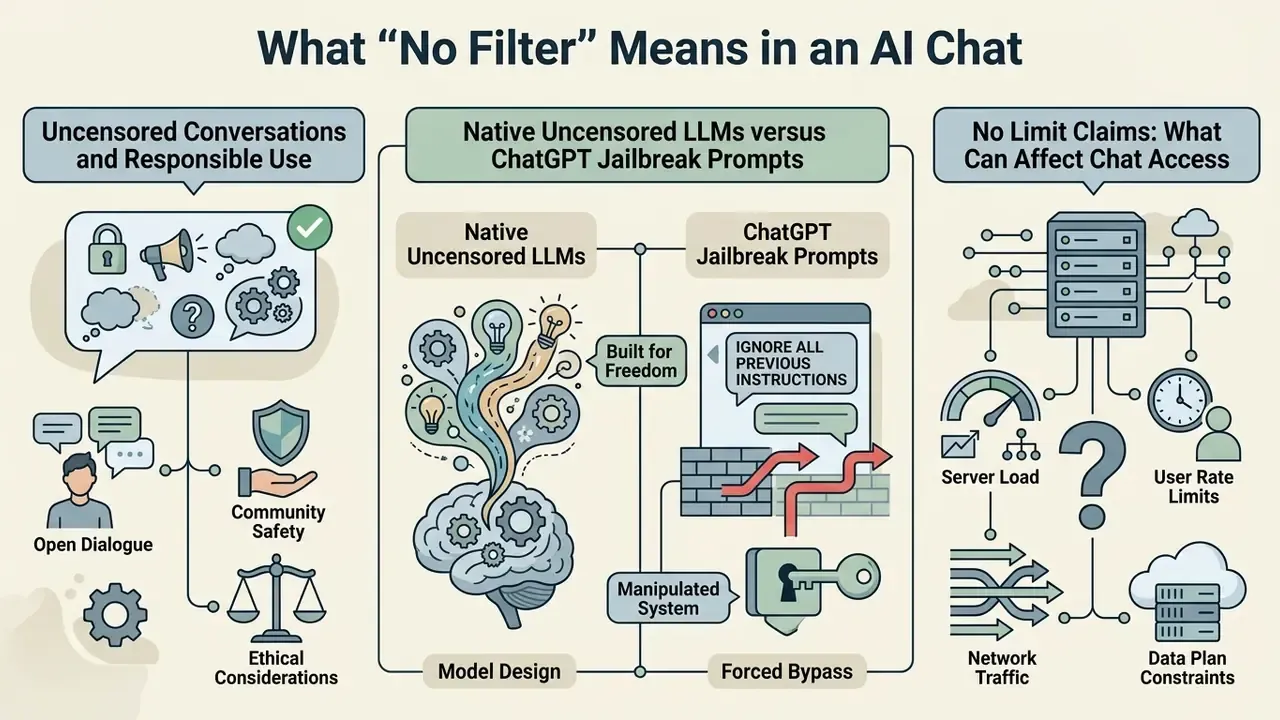 Infographic comparing native uncensored LLMs with jailbreak prompts and factors affecting chat access