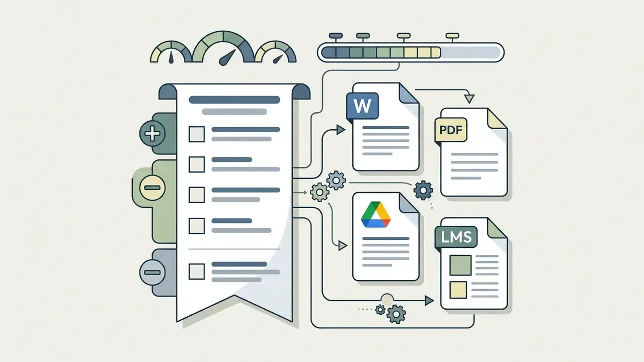 Checklist connected to icons representing Word, PDF, Google Drive, and LMS file export formats