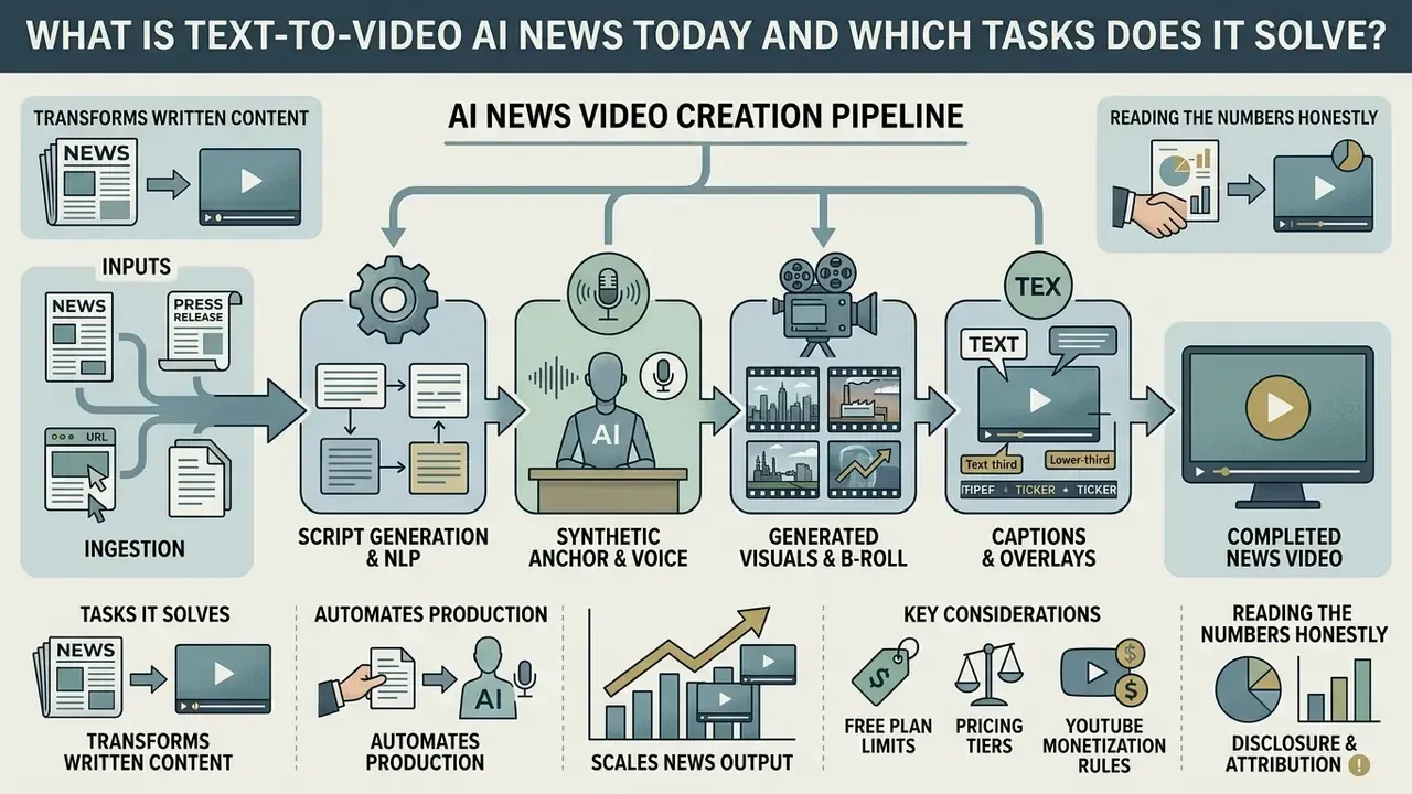 Infographic showing the AI news video creation pipeline from text ingestion to final video output