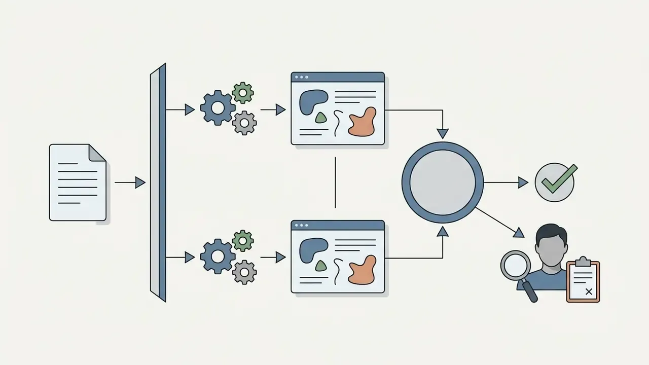 Two parallel AI models processing input data to reach consensus or route disagreements to human review