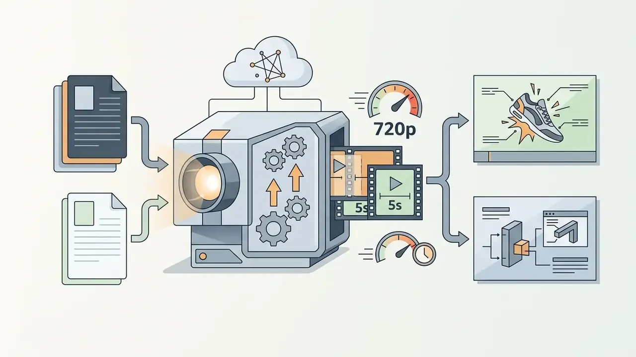 Documents feeding into a cloud-connected processor to generate 720p video clips for AI video generation news