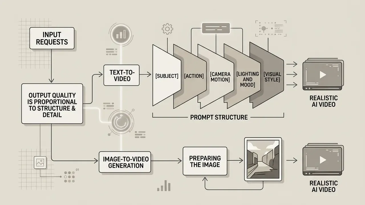 Diagram showing how prompt structure and image preparation influence the quality of generated video output
